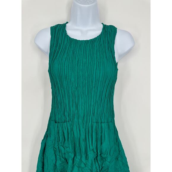 Alquema Smash Pocket Midi Dress Satin Crinkle Crew Neck Sleeveless, Green - Picture 2 of 11